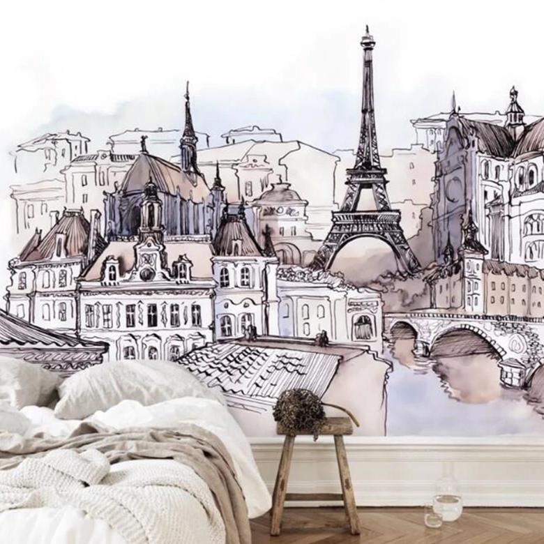 european-hand-painted-foreign-tourism-fashion-stickers-tower-watercolor-mural-papier-peint-decoration-wallpaper