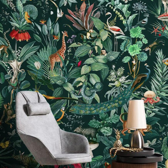 custom-mural-wallpaper-papier-peint-papel-de-parede-wall-decor-ideas-for-bedroom-living-room-dining-room-wallcovering-Plant-Tropical-forest-leaves-animal