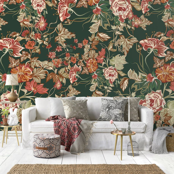 custom-mural-wallpaper-papier-peint-papel-de-parede-wall-decor-ideas-for-bedroom-living-room-dining-room-wallcovering-Vintage-green-idyllic-flowers