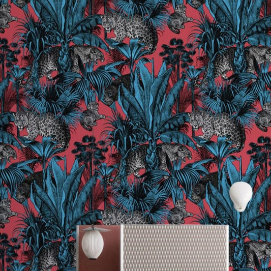 Custom Mural Red Retro Tropical Leopard Wallpaper (㎡)