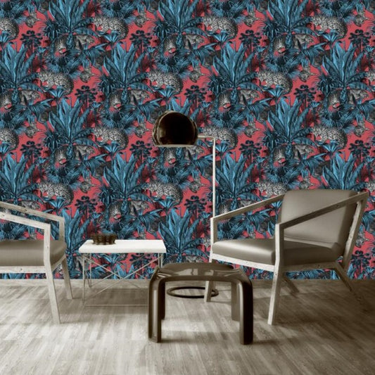 Custom Mural Red Retro Tropical Leopard Wallpaper (㎡)