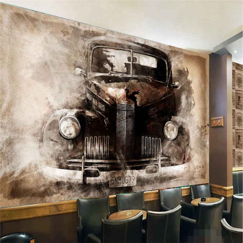 wallpaper-wall-murals-wall-stickers-ink-european-style-nostalgic-retro-tattered-car-classic-car-backdrop-wall-papier-peint