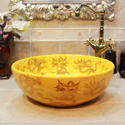 Vintage Style Art Wash Basin Ceramic Countertop Sink Yellow Golden