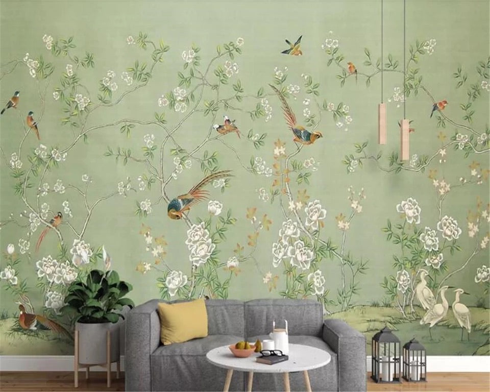 Chinese-style-hand-painted-pen-and-flower-nostalgic-pastoral-decoration-mural-wall-wallpaper-chinoiserie-birds-flowers