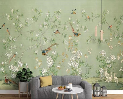 Chinese-style-hand-painted-pen-and-flower-nostalgic-pastoral-decoration-mural-wall-wallpaper-chinoiserie-birds-flowers