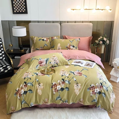Floral Bedding Set Soft Egyptian Cotton Duvet Cover Set Yellow Green Pink