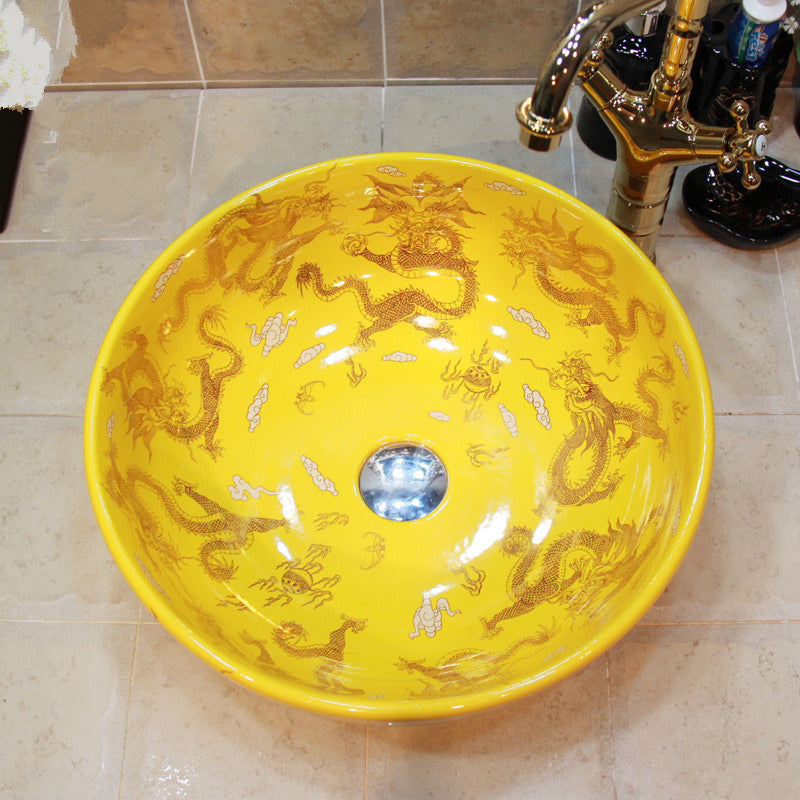Vintage Style Art Wash Basin Ceramic Countertop Sink Yellow Golden