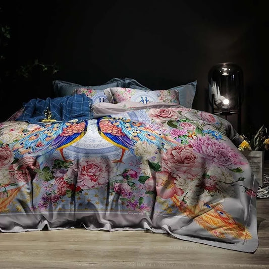 Peacock Bold Floral Bedding Set Soft Egyptian Cotton Duvet Cover Set Multiple Options