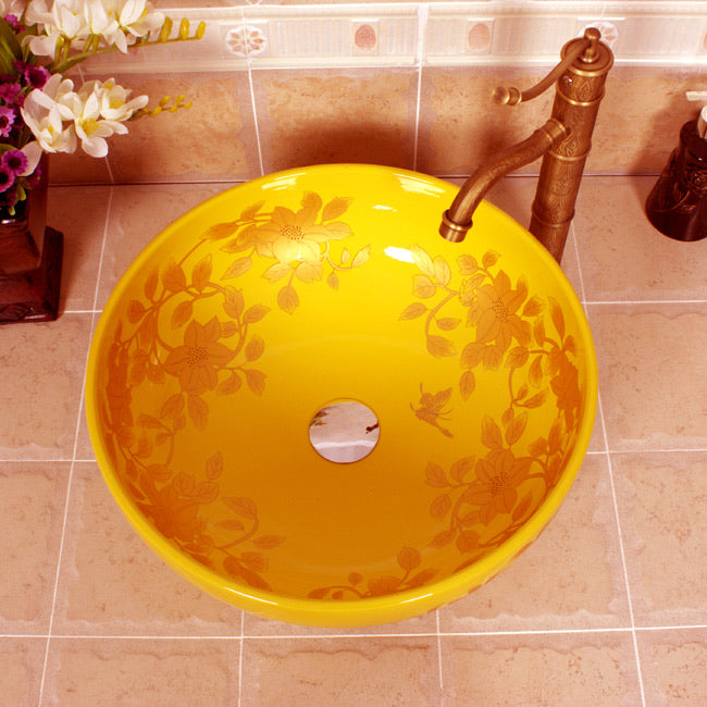 Vintage Style Art Wash Basin Ceramic Countertop Sink Yellow Golden