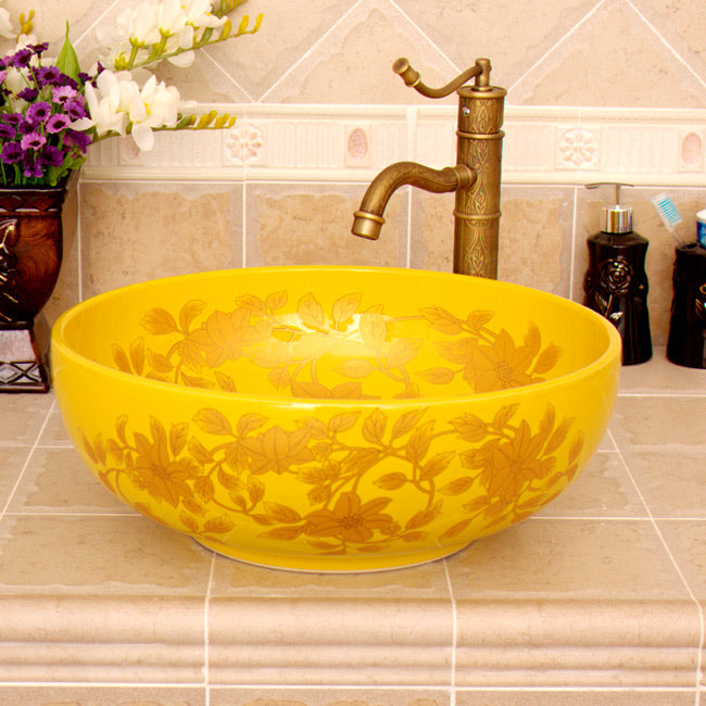 Vintage Style Art Wash Basin Ceramic Countertop Sink Yellow Golden