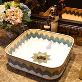 Chinese Ceramic Art Basin Countertop Sink Blue Square Lavabo