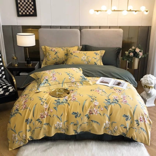 Floral Bedding Set Soft Egyptian Cotton Duvet Cover Set Yellow Green Pink