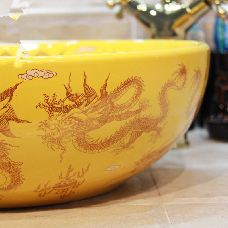 Vintage Style Art Wash Basin Ceramic Countertop Sink Yellow Golden