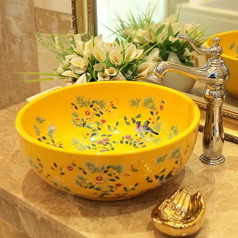 Vintage Style Art Wash Basin Ceramic Countertop Sink Yellow Golden