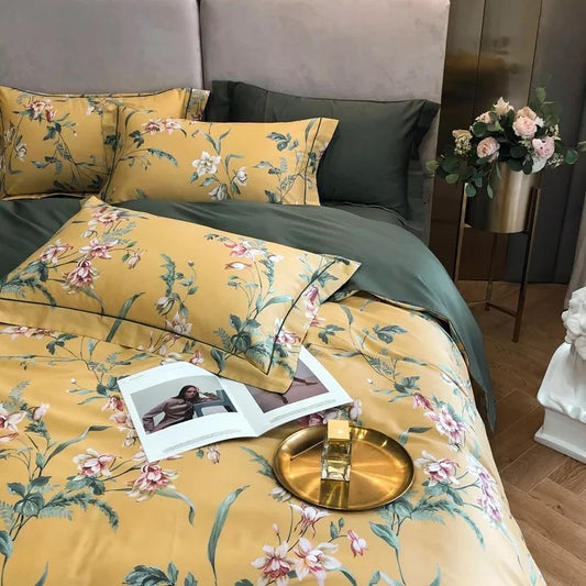 Floral Bedding Set Soft Egyptian Cotton Duvet Cover Set Yellow Green Pink