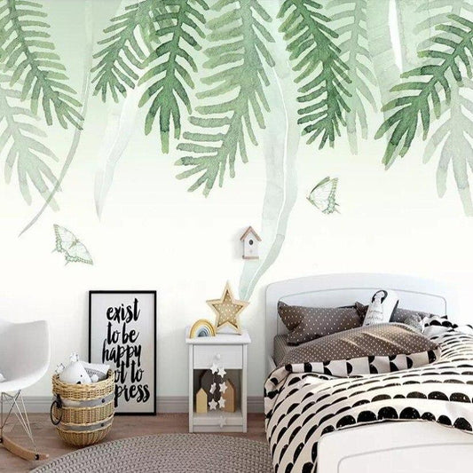 nordic-style-hand-painted-palm-leaves-wallpaper-mural-custom-size-kid's-room