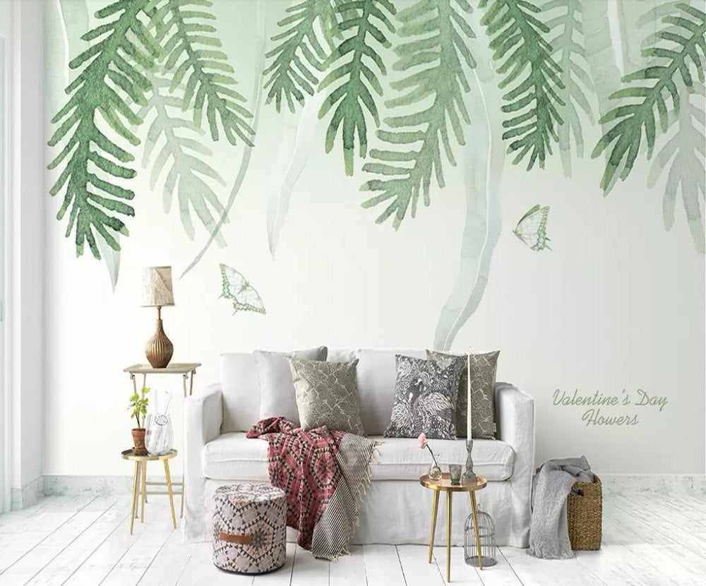 nordic-style-hand-painted-palm-leaves-wallpaper-mural-custom-size-kid's-room