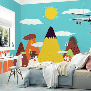 custom-wallpaper-mural-wall-covering-wall-decor-wall-decal-wall-sticker-nursery-decor-kids-room-children's-room-daycare-kindergarten-ideas-cartoon-mountains-papier-peint