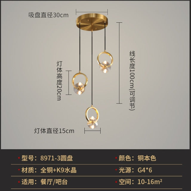 Nordic Style Lighting Copper Crystal Bedside Chandelier