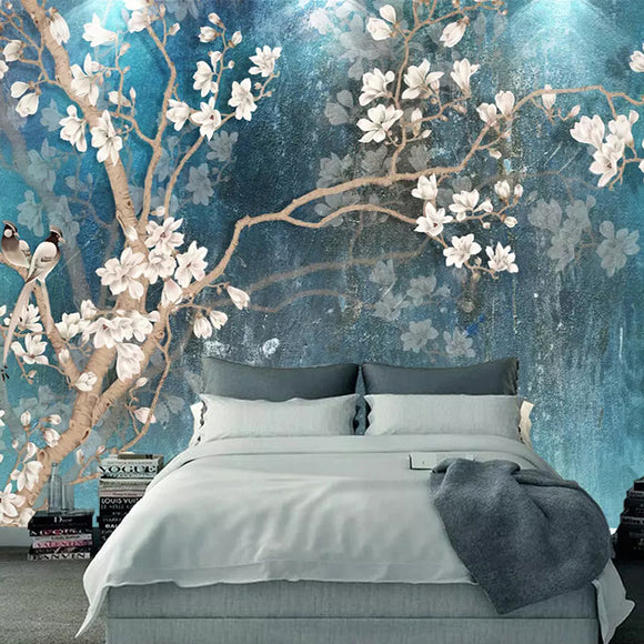 custom-3d-wall-murals-wallpaper-nordic-blue-vintage-hand-painted-flowers-birds-oil-painting-wall-paper-bedroom-mural-de-parede-papier-peint