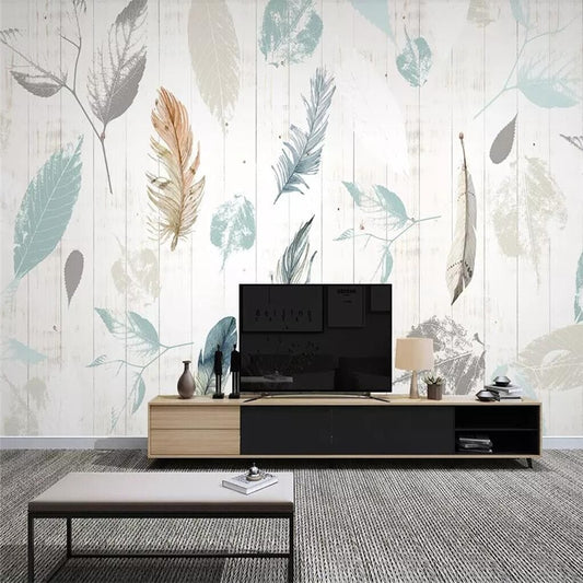 nordic-plant-leaf-feather-modern-minimalist-wood-grain-tv-background-wall-professional-custom-high-end-mural