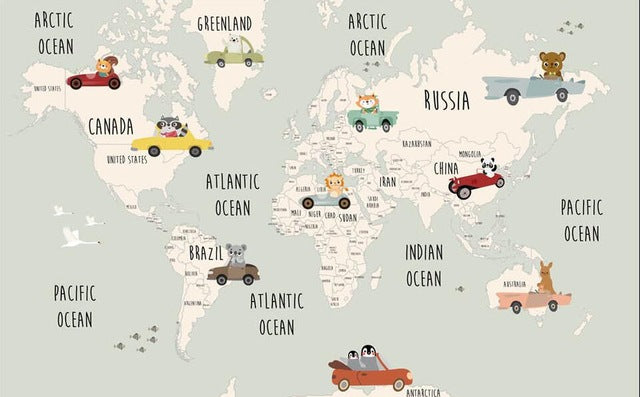 Custom Wallpaper Cartoon World Map Mural for Kid's Room (㎡)