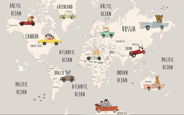 Custom Wallpaper Cartoon World Map Mural for Kid's Room (㎡)