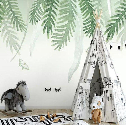 nordic-style-hand-painted-palm-leaves-wallpaper-mural-custom-size-kid's-room