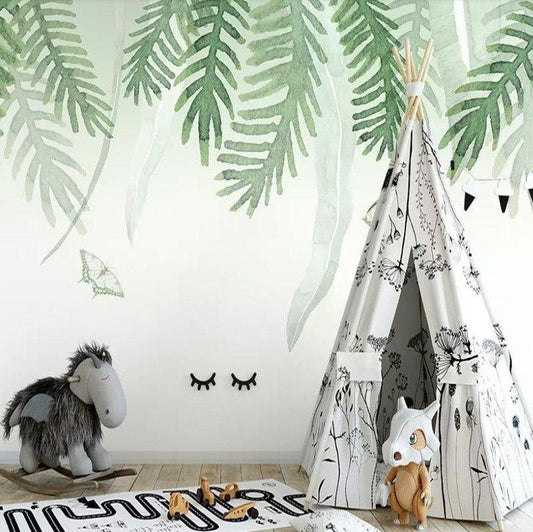 nordic-style-hand-painted-palm-leaves-wallpaper-mural-custom-size-kid's-room