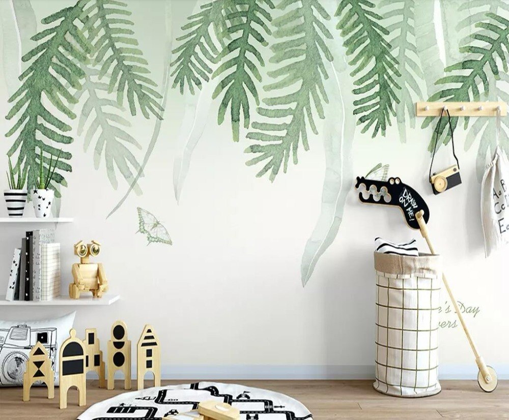 nordic-style-hand-painted-palm-leaves-wallpaper-mural-custom-size-kid's-room