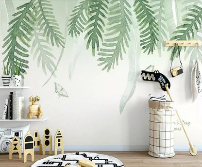 nordic-style-hand-painted-palm-leaves-wallpaper-mural-custom-size-kid's-room