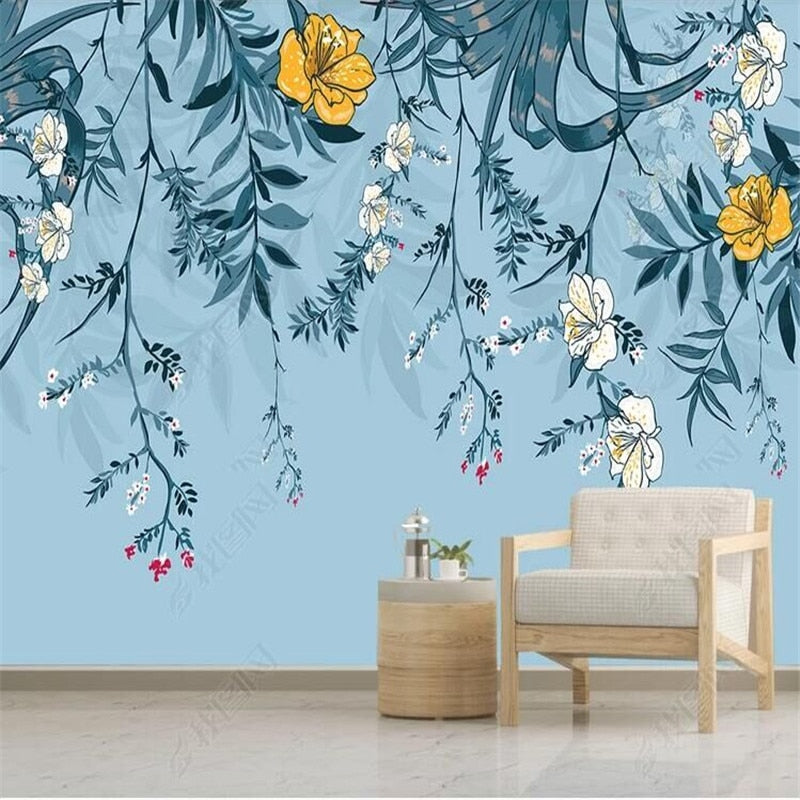 nordic-minimalist-small-fresh-leaves-floral-watercolor-style-wall-wallpaper-mural-custom-photo-wall