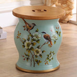 Ceramic Drum Stool Sofa Table with Bamboo Top Flower Bird Peacock