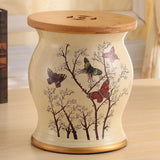 Ceramic Drum Stool Sofa Table with Bamboo Top Flower Bird Peacock