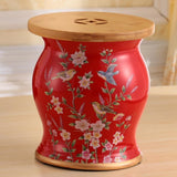 Ceramic Drum Stool Sofa Table with Bamboo Top Flower Bird Peacock